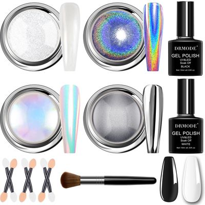 Chrome Nail Powder for Women - White Pearl Nail Chrome Powder, Aurora Mermaid Iridescent Chromes Powder, Holographic Unicorn Rainbow Nails Powder, Sliver Metallic Mirror Effect Nail Glitter Manicure