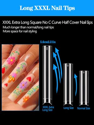 240PCS No C Curve Square Nail Tips, XXXL Half Cover Clear Nail Tips for Acrylic Nails, 3XL Straight Tapered Square Fake Nails Tips Set, 12 Sizes Flattened Acrylic Nails Tips for Nail Salons and DIY