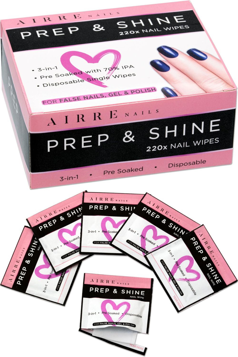 AIRRE 220 Professional Alcohol Prep &amp; Shine Nail Wipes (3in1) Alcohol Wipes for Gel Nails, Acrylic Nails, Press-On Nails &amp; Tips. Removes Sticky Gel Layer Residue, Preps UV/LED Gel Polish &amp; False Nails