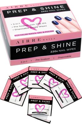 AIRRE 220 Professional Alcohol Prep &amp; Shine Nail Wipes (3in1) Alcohol Wipes for Gel Nails, Acrylic Nails, Press-On Nails &amp; Tips. Removes Sticky Gel Layer Residue, Preps UV/LED Gel Polish &amp; False Nails