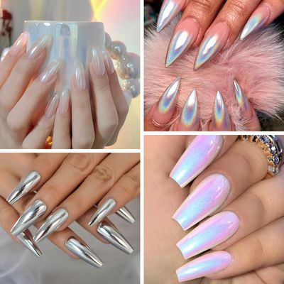 Chrome Nail Powder for Women - White Pearl Nail Chrome Powder, Aurora Mermaid Iridescent Chromes Powder, Holographic Unicorn Rainbow Nails Powder, Sliver Metallic Mirror Effect Nail Glitter Manicure