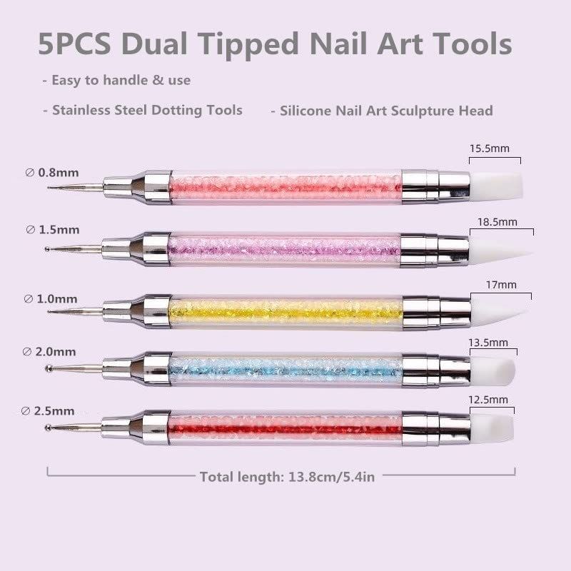 FULINJOY 5PCS Dual-Ended Nail Art Sculpture Pen Dotting Tools, Silicone Nail Polish Brushes Stainless Steel Carving Drawing Dotting Tool, Acrylic Rhinestone Handle, Nail Art Tools