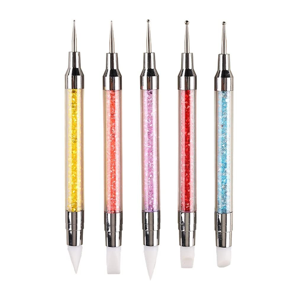 FULINJOY 5PCS Dual-Ended Nail Art Sculpture Pen Dotting Tools, Silicone Nail Polish Brushes Stainless Steel Carving Drawing Dotting Tool, Acrylic Rhinestone Handle, Nail Art Tools