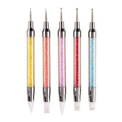 FULINJOY 5PCS Dual-Ended Nail Art Sculpture Pen Dotting Tools, Silicone Nail Polish Brushes Stainless Steel Carving Drawing Dotting Tool, Acrylic Rhinestone Handle, Nail Art Tools