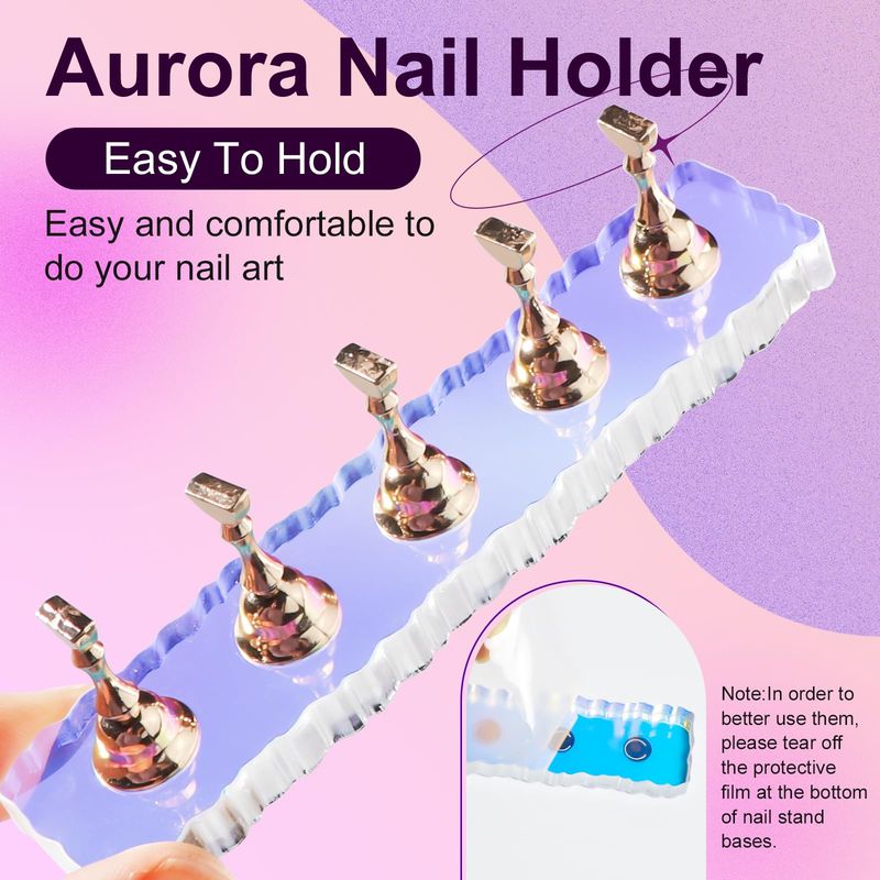 Corconess Nail Stand For Press On Nails - 2 Pcs Aurora Arcrylic Nail Holder for Painting Nails With A Mini Clear Nail Stand Base, Two Color Metal Nail Holders,Reusable Sticky Putty Nail Art Tools