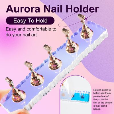 Corconess Nail Stand For Press On Nails - 2 Pcs Aurora Arcrylic Nail Holder for Painting Nails With A Mini Clear Nail Stand Base, Two Color Metal Nail Holders,Reusable Sticky Putty Nail Art Tools