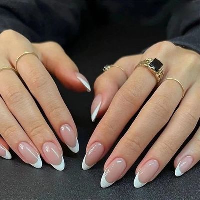 24Pcs French Tip Press on Nails, Medium Short Fake Nails Almond Tips Acrylics Full Cover White False Nails Stick on Nails Reusable Glue on Nails Glossy Nude Acrylic Nail for Women Nail Decoration