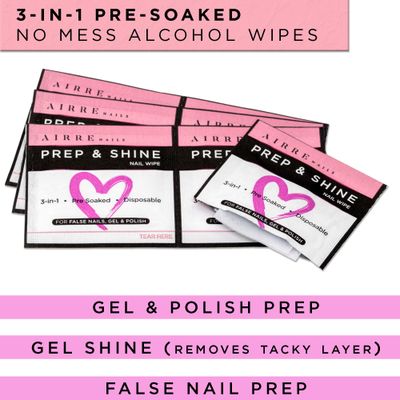 AIRRE 220 Professional Alcohol Prep &amp; Shine Nail Wipes (3in1) Alcohol Wipes for Gel Nails, Acrylic Nails, Press-On Nails &amp; Tips. Removes Sticky Gel Layer Residue, Preps UV/LED Gel Polish &amp; False Nails