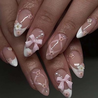 Foccna French Press on Nails Medium Rhinestone Pink Fake Nails Almond Bling Glossy 3D Flower False Nail Tips Artificial Nails Finger Manicure for Women&amp;Girls -24 pcs