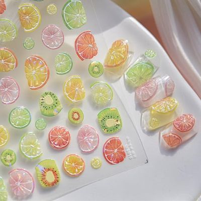 Summer Fruit Nail Art Stickers Decals 5D Embossed Fruit Nail Stickers 1PCS Shell Light Lemon Kiwifruit Exquisite Design Summer Nails Adhesive Decals Manicure Supply for Women DIY Nail Decorations