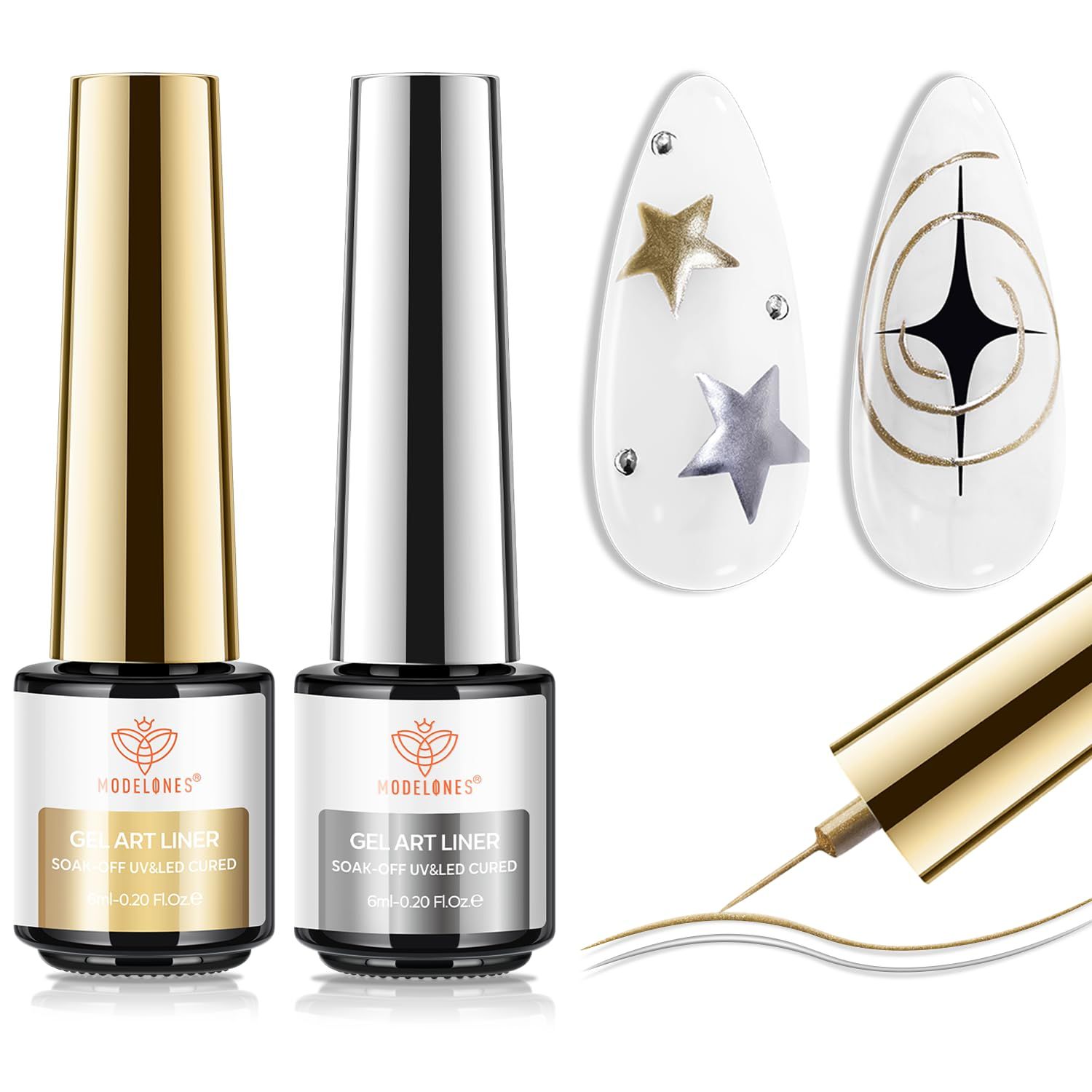 modelones Metallic Gold Silver Gel Liner Nail Polish 2 Pcs Chrome Mirror 3D Effect Nail Art Polish Bronze Thin Brush For Swirl Soak Off French Tip DIY Salon Manicure Gift For Women Girls