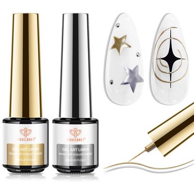 modelones Metallic Gold Silver Gel Liner Nail Polish 2 Pcs Chrome Mirror 3D Effect Nail Art Polish Bronze Thin Brush For Swirl Soak Off French Tip DIY Salon Manicure Gift For Women Girls