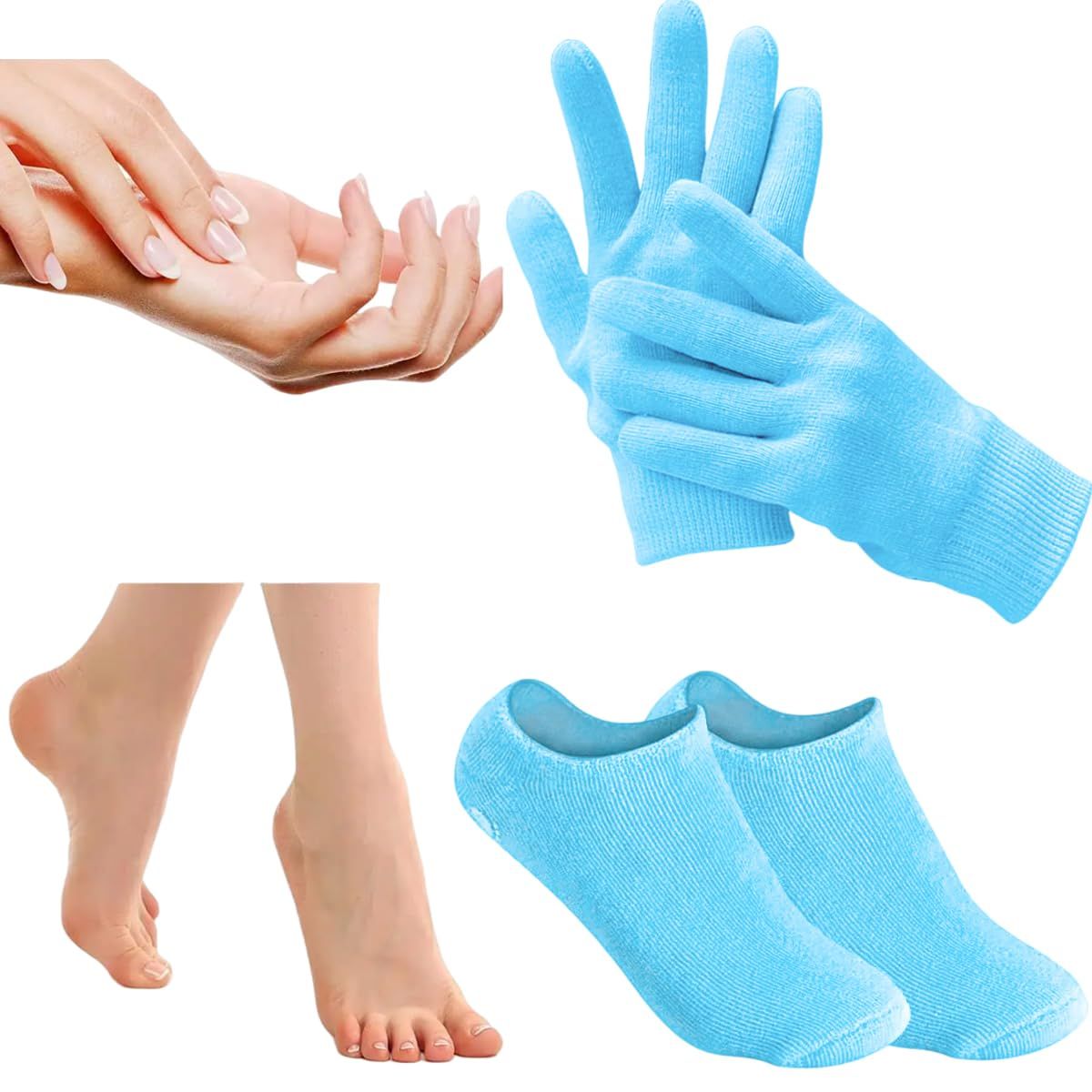 Moisturizing Gloves Socks Set, Infused with Gel Hydrotherapy, Gel Softens and Soothes Dry Cracked Skin, Suitable for Repairing Dry Skin, Cracked Hands and Feet, Rough Skin (Blue)