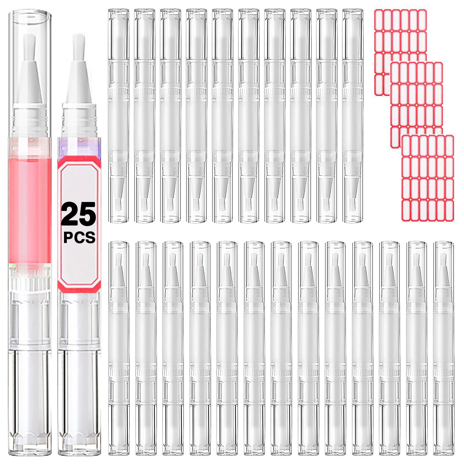DupakSYS Nail Oil Pen 25Pcs 3ml Empty Transparent Twist Pens Cuticle Oil Pen with Brush Tip for Nail Oil, Liquid Foundation, Eyelash Growth Liquid Tube, Empty Cuticle Oil Dispenser 48pcs Label