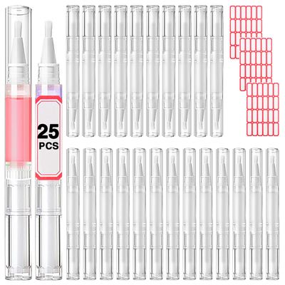 DupakSYS Nail Oil Pen 25Pcs 3ml Empty Transparent Twist Pens Cuticle Oil Pen with Brush Tip for Nail Oil, Liquid Foundation, Eyelash Growth Liquid Tube, Empty Cuticle Oil Dispenser 48pcs Label
