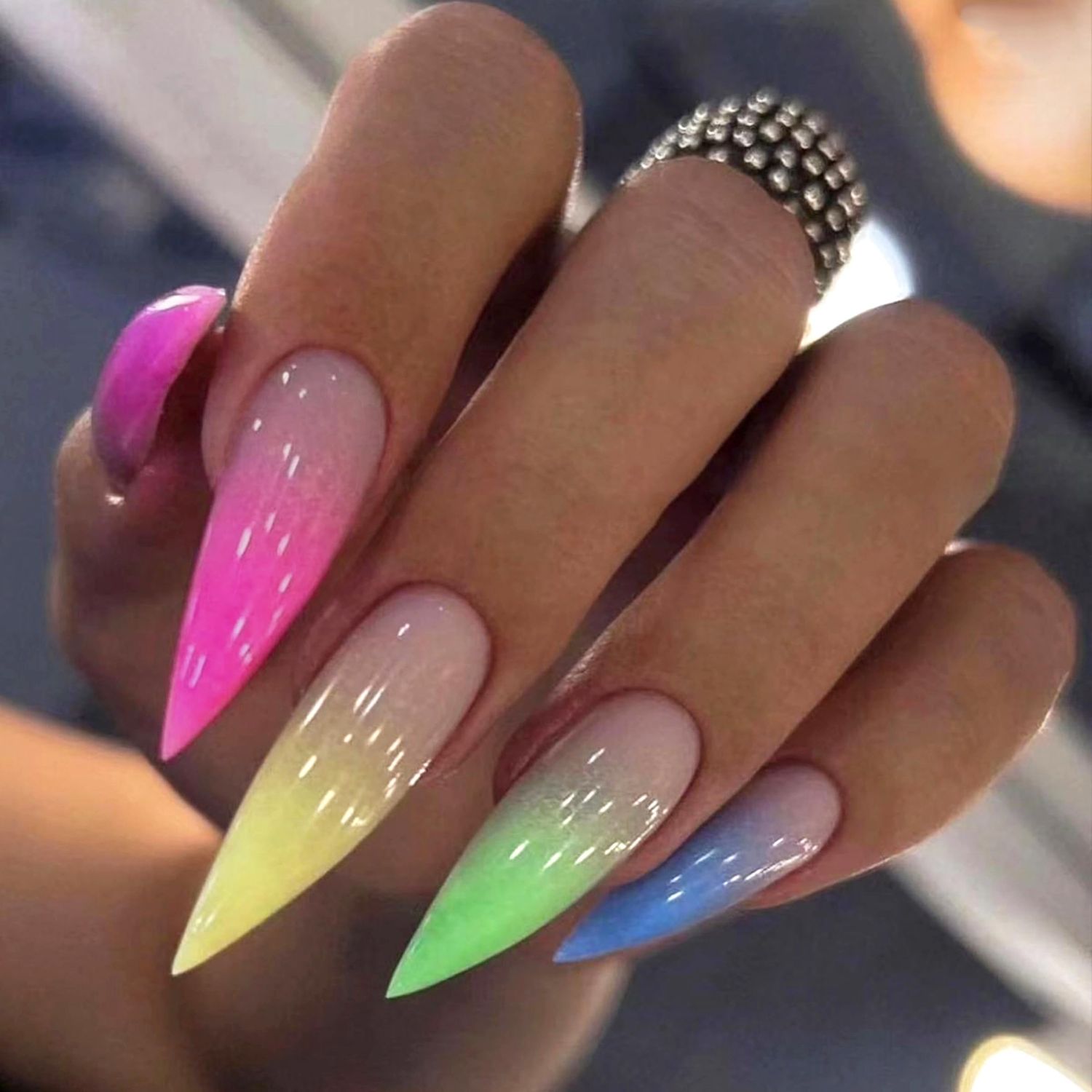 MERVF Long Stiletto Press on Nails Colorful Ombre French Tip Glue ons Dopamine Design Almond Acrylic Fake Summer False Nails for Women Glossy 24pcs