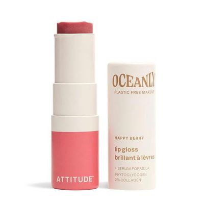 ATTITUDE Oceanly Sheer Lip Gloss Stick, EWG Verified, Titanium Dioxide-Free, Vegan Makeup &amp; Beauty, Cruelty-Free, Plastic-Free, Happy Berry, 0.12 Ounces