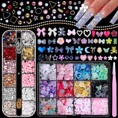 3D Nail Charms and Gems, Assorted Colorful Flower Bows Butterfly Heart Star Nail Art Charms, Delicate Chains Colored Rhinestones Gems with Flatback Pealrs Nail Art DIY Y2K Decor
