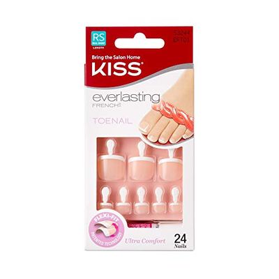 KISS Everlasting French Pedicure Kit, Chip-Free Glue-On Fake Toenails, Real Short Length, Style Limitless, Flexi-Fit Technology, Pink Gel Nail Glue, Mini File, Manicure Stick &amp; 24 False Toenails
