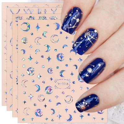 JMEOWIO 9 Sheets Aurora Holographic Moon Star Nail Art Stickers Decals Self-Adhesive Pegatinas Uas Colorful Nail Supplies Nail Art Design Decoration Accessories