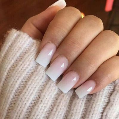 KQueenest Ombre Pink Press on Nails Short Medium Square Glue on Nails White and Pink, French Fake Nails Short Coffin, Spring Acrylic Nails Press on, Gradient Gel Nails For Women False Nails 24 Pcs