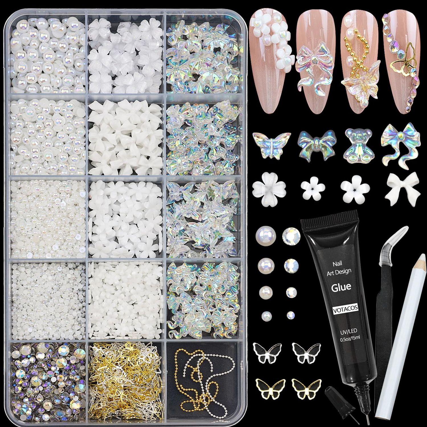 VOTACOS Flatback Nail Art Pearls and Rhinstones - Flower Bow Charms with Gel Glue - Gold, Silver, Butterfly Colors - Womens Acrylic Nail Decorations