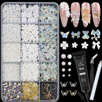 VOTACOS Flatback Nail Art Pearls and Rhinstones - Flower Bow Charms with Gel Glue - Gold, Silver, Butterfly Colors - Womens Acrylic Nail Decorations