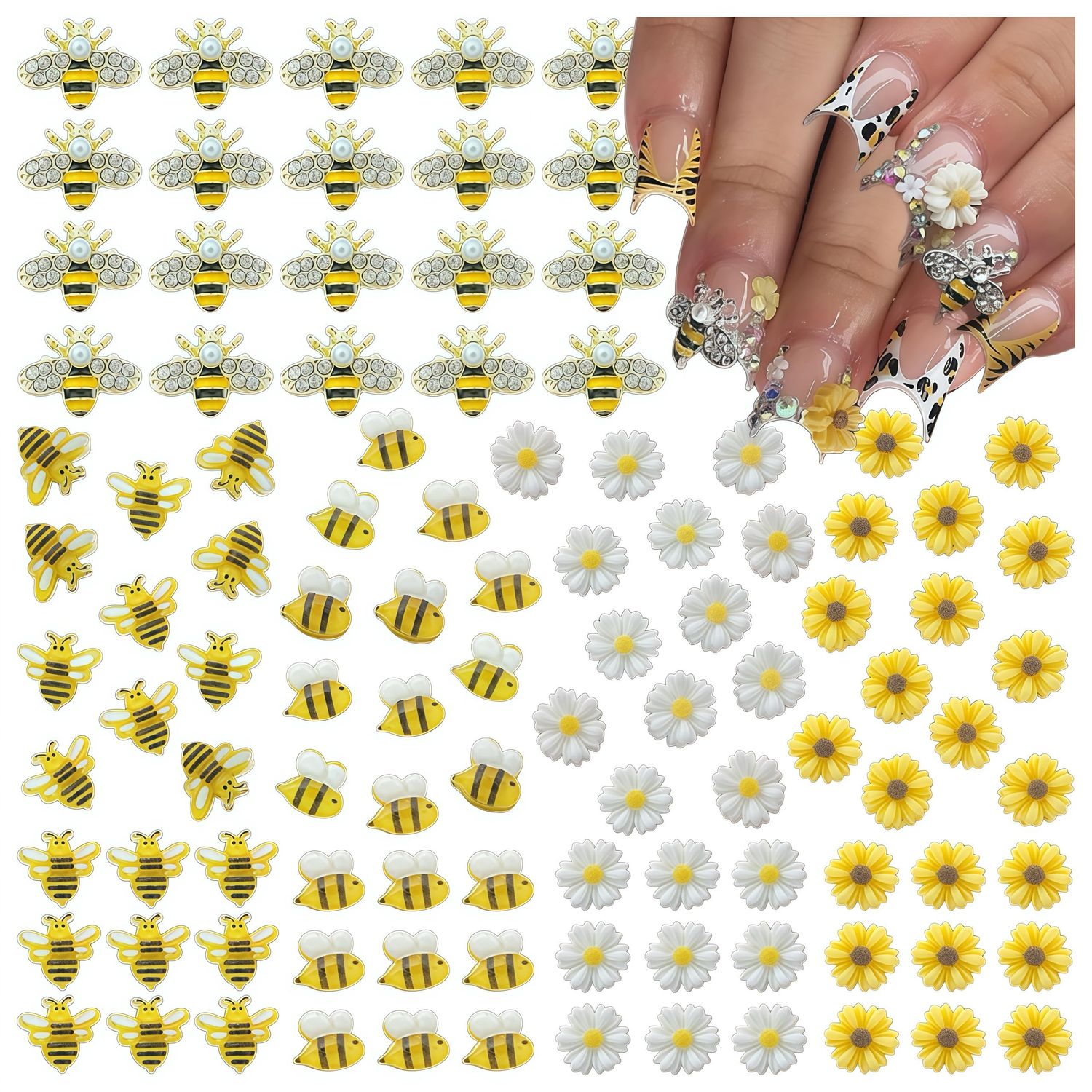100PCS Nail Charms and Gems Gold Bee Yellow Flower for Nails Design3D Daisy Y2k Nail Jewels Bulk Nail Art Decor Set