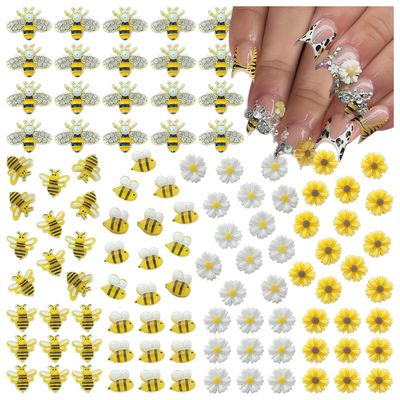 100PCS Nail Charms and Gems Gold Bee Yellow Flower for Nails Design3D Daisy Y2k Nail Jewels Bulk Nail Art Decor Set