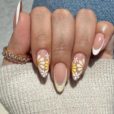 LPOODDNU Summer French Tip Press on Nails Medium Almond Fake Nails with Yellow White Flower Designs Glossy Finish White Bow False Nails Cute Floral Glue on Nails for Women and Girls, 24Pcs