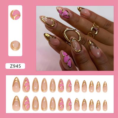 LPOODDNU 3D Almond Press on Nails Medium Handmade Fake Nails with Gold Charms Pink Butterfly Designs French Acrylic Nails Press ons Almond Shape False Nails Cute Nails Medium Stick on Nails for Women