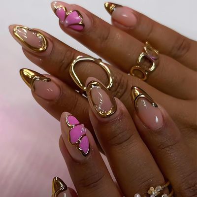 LPOODDNU 3D Almond Press on Nails Medium Handmade Fake Nails with Gold Charms Pink Butterfly Designs French Acrylic Nails Press ons Almond Shape False Nails Cute Nails Medium Stick on Nails for Women