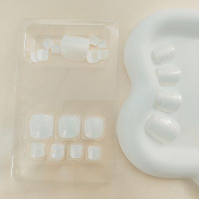 White Press on Toenails Short Square Toe Nail Press ons Summer Fake Toenails with Glitter Designs Glossy Acrylic Toenails Full Cover Beach Toenail for Women 24 Pcs