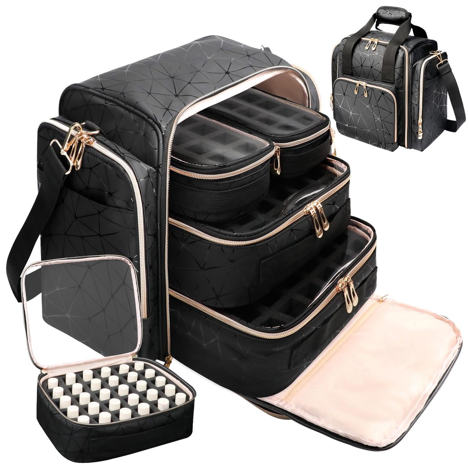 ahzske Large Nail Polish Organizer Bag Holds 80 Bottles (15ml/0.5 fl.oz), Portable Nail Lamp Kit Shoulder Case with 4 Removable Pouches, Multiple Pockets for Nail Supplies Storage PU Leather (Black)