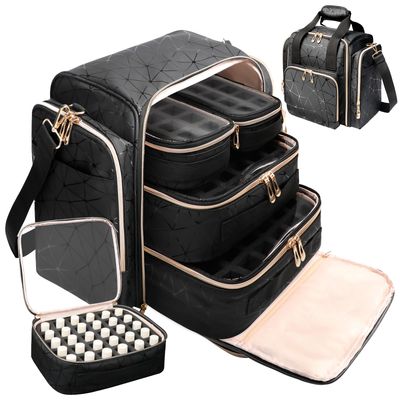 ahzske Large Nail Polish Organizer Bag Holds 80 Bottles (15ml/0.5 fl.oz), Portable Nail Lamp Kit Shoulder Case with 4 Removable Pouches, Multiple Pockets for Nail Supplies Storage PU Leather (Black)