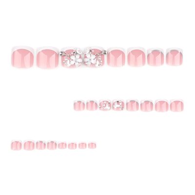 LPOODDNU White French Tip Press on Toenails Full Cover Pearl 3D White Flowers Fake Toenails Short Square Summer False Toenails Cute Toe Nails Press ons Glossy Toenails for Pedicure Decorations