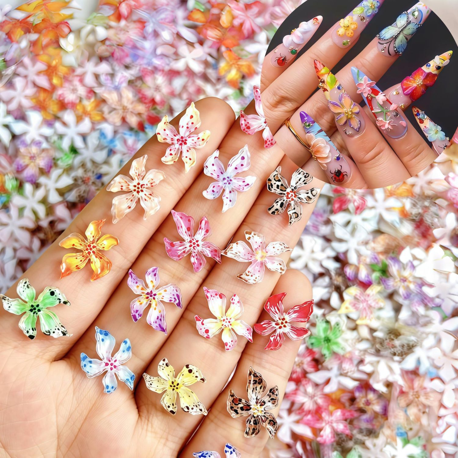 SHUXILIN 60PCS Flower Nail Art Charms 3D Hawaii Flowers Nail Rhinestones Hibiscus Floral Nail Gems Colorful Flower Nail Diamonds Summer Nail Jewelry Tiny Flowers Nail Design for Women Nail Supplies