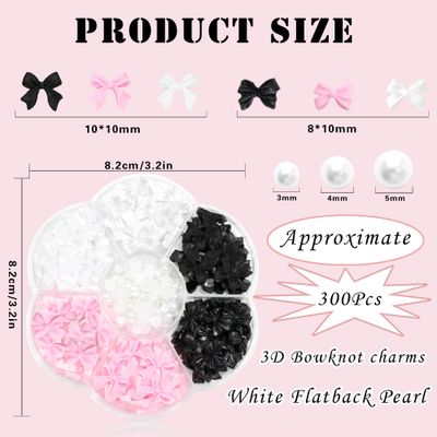300Pcs Bow Nail Charms and Flatback Pearls,Black White Pink Bowknot 3D Cute Nail Charms for Acrylic Nail Supplies Design,White Half Pearls for Nail Jewelry DIY Crafts Nail Art Decoration Accessories