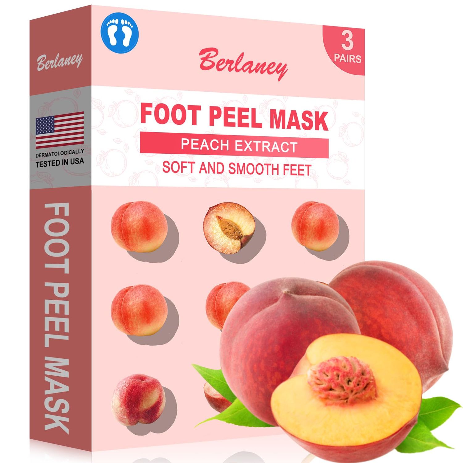 Berlaney Peach Foot Peeling Mask, 3 Pairs of Skin Exfoliating Foot Masks for Dry feet, Cracked heels, Callus, Dead Skin Remover, Smooth Touch Feet, Spa Experience at Home or Travel