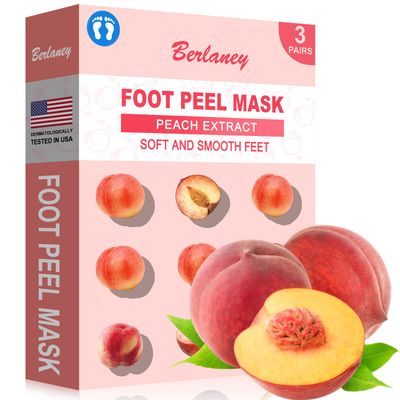 Berlaney Peach Foot Peeling Mask, 3 Pairs of Skin Exfoliating Foot Masks for Dry feet, Cracked heels, Callus, Dead Skin Remover, Smooth Touch Feet, Spa Experience at Home or Travel