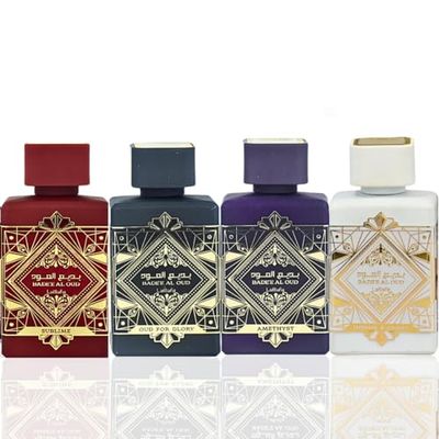 Lattafa Perfumes Badee Al Oud for Unisex 4 Piece Eau de Parfum Gift Set (Oud for Glory Sublime Amethyst Honor &amp; Glory) 3.4 Ounce/100 ml each
