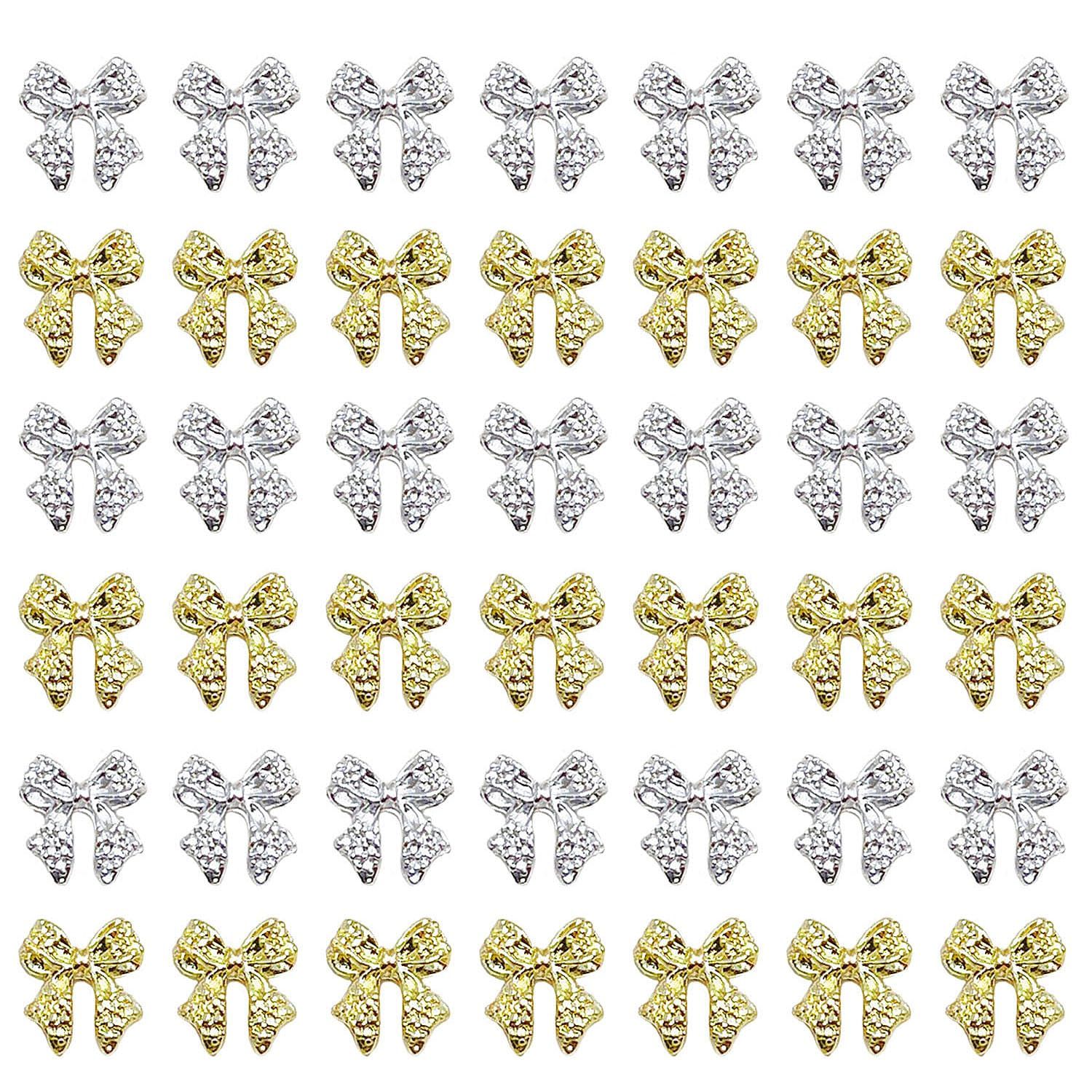 KACHIMOO 40pcs Bow Nail Charms Gold and Silver Nail Charms Bowknots Nail Art Charms Bow Charms for Nails Design