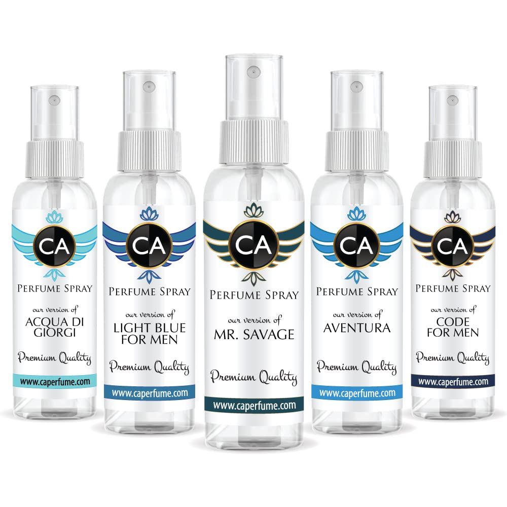 CA Perfume Best Spring Men Set Impression of (Light Blue Mr.Savage Code Aventura Aqua Di Giorgi) Fragrance Sample Travel Size Parfum Sprayer (2 Fl Oz/60 ml) x 5