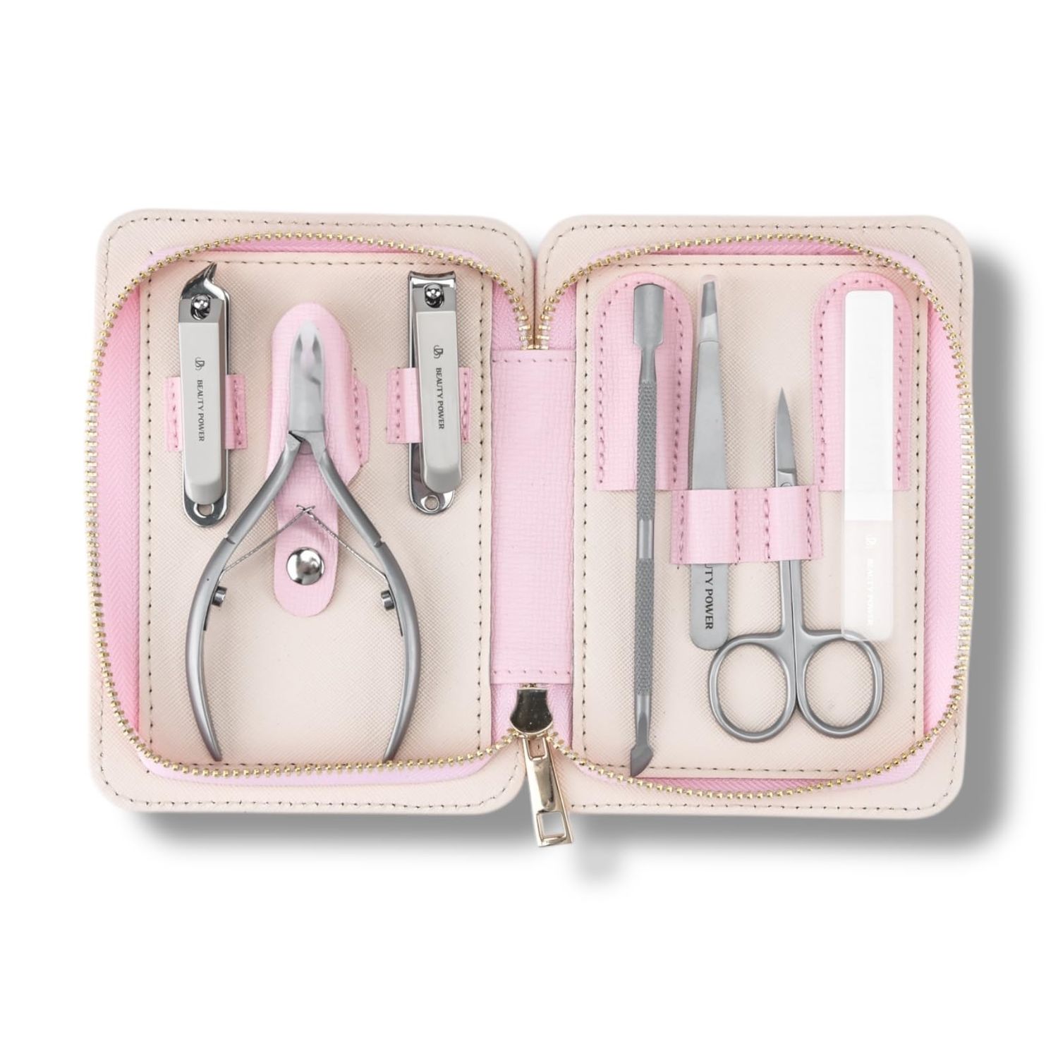Beauty Power Manicure Pedicure Set 7-in-1 Stainless Steel, Ultra Sharp, Slanted Nail Clipper, Fingernail Clipper, Cuticle Nipper, Glass Nail File, Eyebrow Tweezers, Scissors, Case - Gift (Pink)