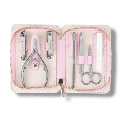 Beauty Power Manicure Pedicure Set 7-in-1 Stainless Steel, Ultra Sharp, Slanted Nail Clipper, Fingernail Clipper, Cuticle Nipper, Glass Nail File, Eyebrow Tweezers, Scissors, Case - Gift (Pink)
