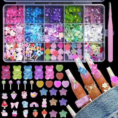 CESUSME 3D Bear Candy Nail Charms, Assorted Color Lollipop Flower Butterfly Chams for Acrylic Nails, Cute Bow Heart Cartoon Nail Art Charms for Nail Art DIY Accessories