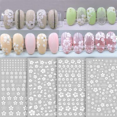 8 Sheets White Flower Nail Stickers 3D Self-Adhesive Cherry Blossoms Design Floral Supplies for Acrylic Nails Women Girls Manicure DIY Decoration