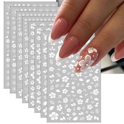 8 Sheets White Flower Nail Stickers 3D Self-Adhesive Cherry Blossoms Design Floral Supplies for Acrylic Nails Women Girls Manicure DIY Decoration