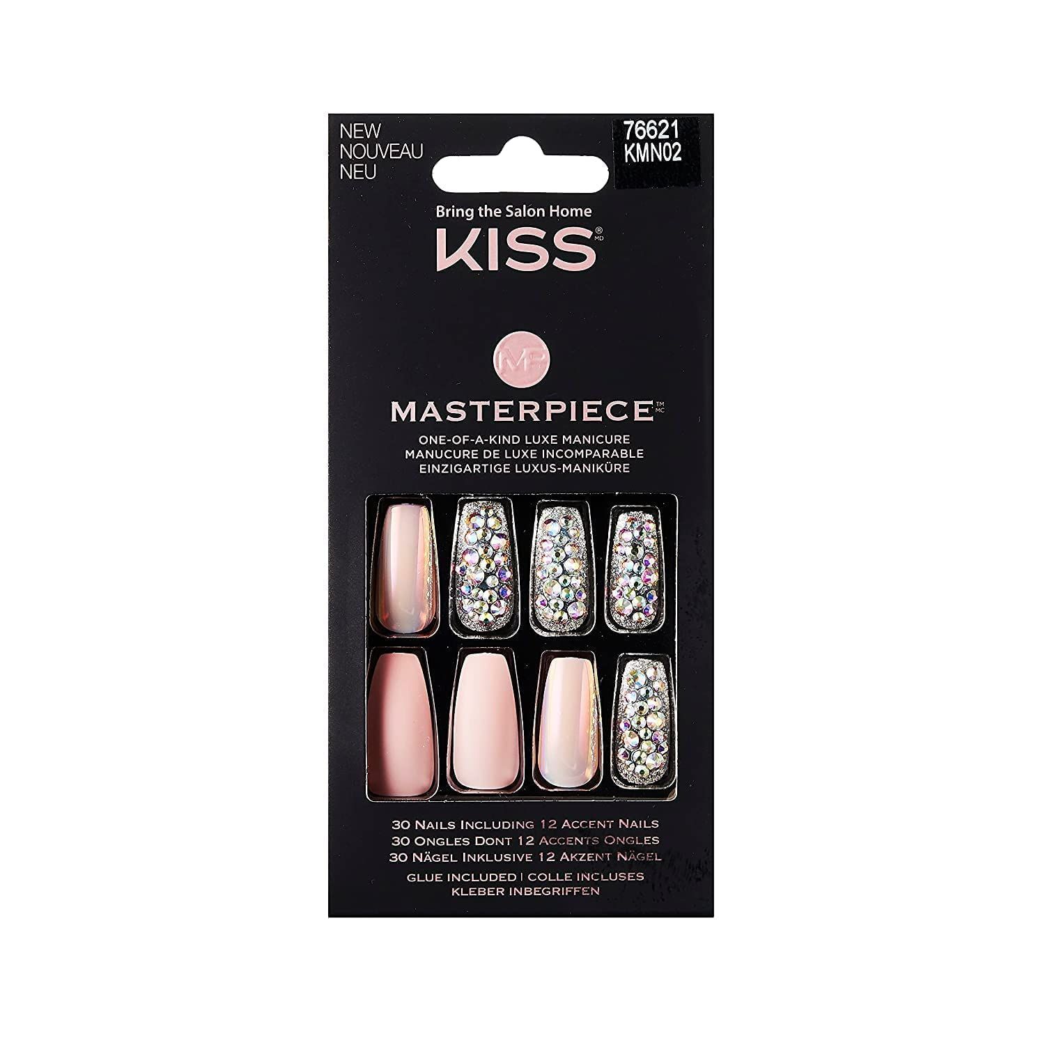 KISS Masterpiece One-Of-A-Kind Luxe Manicure, Premium Acrylic Fake Nails with Pink Gel Nail Glue, Manicure Stick, Mini Nail File, &amp; 30 Glue On Nails Including 12 Accent Nails
