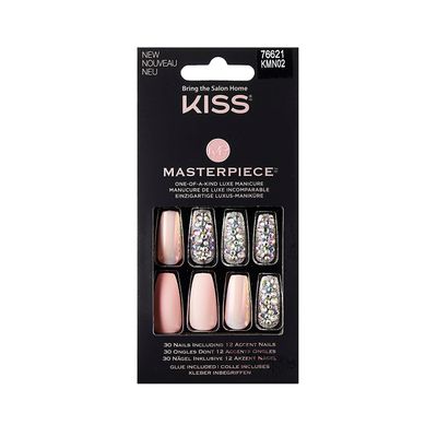 KISS Masterpiece One-Of-A-Kind Luxe Manicure, Premium Acrylic Fake Nails with Pink Gel Nail Glue, Manicure Stick, Mini Nail File, &amp; 30 Glue On Nails Including 12 Accent Nails